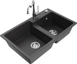 MEXEN/S - Tomas granitový dřez 2-bowl včetně baterie Carla, černá kropenatá (6516-76-670700-00)