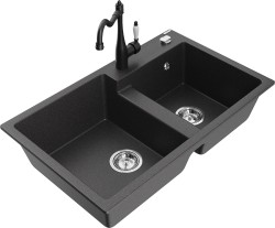MEXEN/S - Tomas granitový dřez 2-bowl včetně baterie Carla, černá kropenatá (6516-76-670700-70)