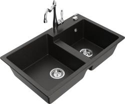 MEXEN/S - Tomas granitový dřez 2-bowl včetně baterie Carla, černá/zlatá metalik (6516-75-670700-00)