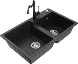 MEXEN/S - Tomas granitový dřez 2-bowl včetně baterie Carla, černá/zlatá metalik (6516-75-670700-70)
