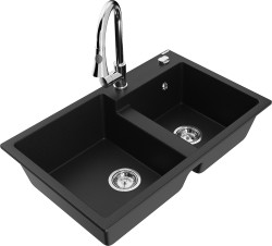 MEXEN/S - Tomas granitový dřez 2-bowl včetně baterie Elia, černá (6516-77-670101-00)