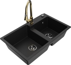 MEXEN/S - Tomas granitový dřez 2-bowl včetně baterie Elia, černá (6516-77-670101-50-B)