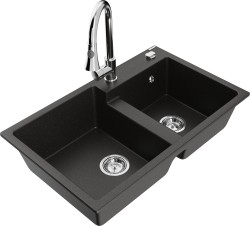 MEXEN/S - Tomas granitový dřez 2-bowl včetně baterie Elia, černá/zlatá metalik (6516-75-670101-00)