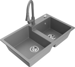 MEXEN/S - Tomas granitový dřez 2-bowl včetně baterie Elia, šedá (6516-71-670101-71)