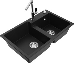 MEXEN/S - Tomas granitový dřez 2-bowl včetně baterie Flora, černá (6516-77-670401-00)