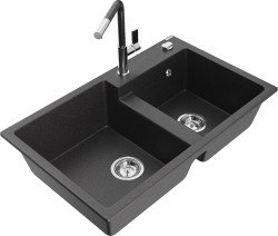MEXEN/S - Tomas granitový dřez 2-bowl včetně baterie Flora, černá kropenatá (6516-76-670401-08)