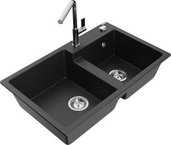 MEXEN/S - Tomas granitový dřez 2-bowl včetně baterie Flora, černá/zlatá metalik (6516-75-670401-00)