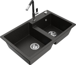 MEXEN/S - Tomas granitový dřez 2-bowl včetně baterie Flora, černá/zlatá metalik (6516-75-670401-07)