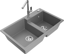 MEXEN/S - Tomas granitový dřez 2-bowl včetně baterie Flora, šedá (6516-71-670401-00)