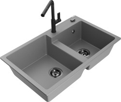 MEXEN/S - Tomas granitový dřez 2-bowl včetně baterie Flora, šedá (6516-71-670401-70-B)