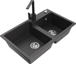 MEXEN/S - Tomas granitový dřez 2-bowl včetně baterie Rita, černá kropenatá (6516-76-670300-76)