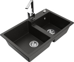 MEXEN/S - Tomas granitový dřez 2-bowl včetně baterie Rita, černá/zlatá metalik (6516-75-670300-00)