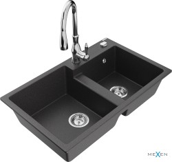 MEXEN/S - Tomas granitový dřez 2-bowl včetně baterie Savita, černá kropenatá (6516-76-672601-00)