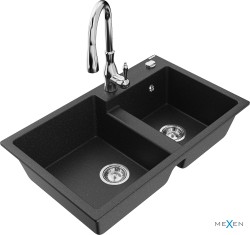 MEXEN/S - Tomas granitový dřez 2-bowl včetně baterie Savita, černá/stříbrná metalik (6516-73-672601-00)