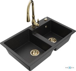 MEXEN/S - Tomas granitový dřez 2-bowl včetně baterie Savita, černá/stříbrná metalik (6516-73-672601-50)