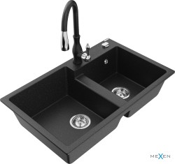 MEXEN/S - Tomas granitový dřez 2-bowl včetně baterie Savita, černá/stříbrná metalik (6516-73-672601-70)