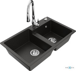 MEXEN/S - Tomas granitový dřez 2-bowl včetně baterie Savita, černá/zlatá metalik (6516-75-672601-00)