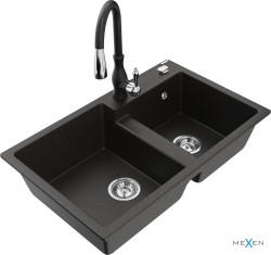 MEXEN/S - Tomas granitový dřez 2-bowl včetně baterie Savita, černá/zlatá metalik (6516-75-672601-70)