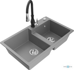 MEXEN/S - Tomas granitový dřez 2-bowl včetně baterie Savita, šedá (6516-71-672601-70)