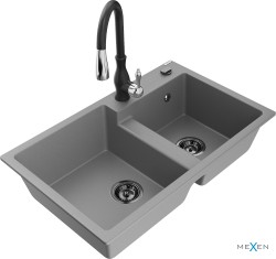 MEXEN/S - Tomas granitový dřez 2-bowl včetně baterie Savita, šedá (6516-71-672601-70-B)