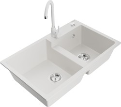 MEXEN/S - Tomas granitový dřez 2-bowl včetně baterie Telma, bílá (6516-20-670200-20)