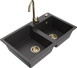 MEXEN/S - Tomas granitový dřez 2-bowl včetně baterie Telma, černá kropenatá (6516-76-670200-50)