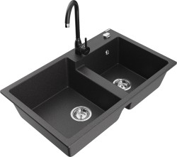 MEXEN/S - Tomas granitový dřez 2-bowl včetně baterie Telma, černá kropenatá (6516-76-670200-70)