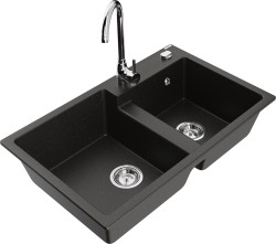 MEXEN/S - Tomas granitový dřez 2-bowl včetně baterie Telma, černá/zlatá metalik (6516-75-670200-00)