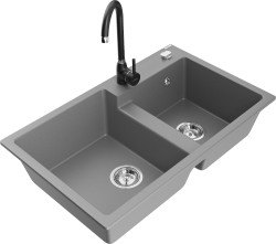 MEXEN/S - Tomas granitový dřez 2-bowl včetně baterie Telma, šedá (6516-71-670200-70)