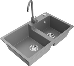 MEXEN/S - Tomas granitový dřez 2-bowl včetně baterie Telma, šedá (6516-71-670200-71)