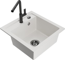MEXEN/S - Vito granitový dřez 1-miska včetně baterie Flora, bílá (6503-20-670401-70-B)