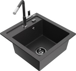 MEXEN/S - Vito granitový dřez 1-miska včetně baterie Flora, černá kropenatá (6503-76-670401-08-B)