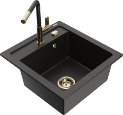 MEXEN/S - Vito granitový dřez 1-miska včetně baterie Flora, černá/zlatá metalik (6503-75-670401-57-G)