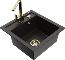 MEXEN/S - Vito granitový dřez 1-miska včetně baterie Rita, černá/zlatá metalik  (6503-75-670300-50)
