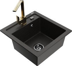 MEXEN/S - Vito granitový dřez 1-miska včetně baterie Rita, černá/zlatá metalik  (6503-75-670300-50-B)
