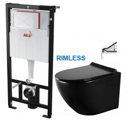 Předstěnový instalační systém bez tlačítka + WC MEXEN LENA ČERNÁ Rimless + SEDÁTKO (AM101/1120 X ME01)