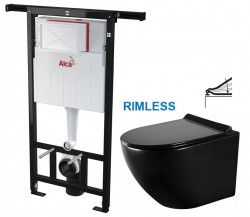 Předstěnový instalační systém bez tlačítka + WC MEXEN LENA ČERNÁ Rimless + SEDÁTKO (AM102/1120 X ME01)