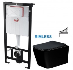 Předstěnový instalační systém bez tlačítka + WC MEXEN TEO ČERNÁ Rimless + SEDÁTKO (AM101/1120 X ME02)