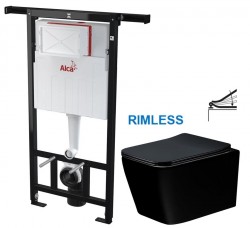 Předstěnový instalační systém bez tlačítka + WC MEXEN TEO ČERNÁ Rimless + SEDÁTKO (AM102/1120 X ME02)