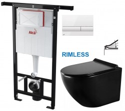 Předstěnový instalační systém s bílým tlačítkem M1710 + WC MEXEN LENA ČERNÁ Rimless + SEDÁTKO (AM102/1120 M1710 ME01)