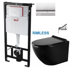 Předstěnový instalační systém s chromovým tlačítkem M1721 + WC MEXEN LENA ČERNÁ Rimless + SEDÁTKO (AM101/1120 M1721 ME01)