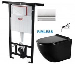 Předstěnový instalační systém s chromovým tlačítkem M1721 + WC MEXEN LENA ČERNÁ Rimless + SEDÁTKO (AM102/1120 M1721 ME01)