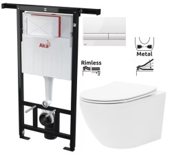 Predstenový inštalačný systém s bielym tlačidlom M1710 + WC REA Carlo Flat Mini Rimlesss + SEDADLO (AM102/1120 M1710 CF1)