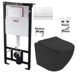 Predstenový inštalačný systém s bielym tlačidlom M1710 + WC REA CARLO MINI RIMLESS ČIERNY MAT + SEDADLO (AM101/1120 M1710 MM1)