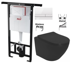 Predstenový inštalačný systém s bielym tlačidlom M1710 + WC REA CARLO MINI RIMLESS ČIERNY MAT + SEDADLO (AM102/1120 M1710 MM1)
