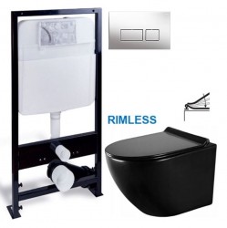 PRIM předstěnový instalační systém s chromovým tlačítkem  20/0041 + WC MEXEN LENA ČERNÁ Rimless + SEDÁTKO (PRIM_20/0026 41 ME01)