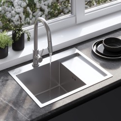 REA - Ocelový dřez Fin BRUSH NICKEL s kuchyňskou baterií (KPL-96012)
