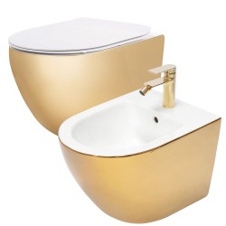REA/S - Sada: WC Závěsná mísa CARLO Flat + Závěsný Bidet CARLO MINI - Zlatá-bílá (KPL-C2288)