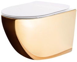 REA - Závesná WC misa vrátane sedátka RIMLESS Carlo Flat Mini zlatobiela (REA-C0669)
