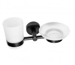 SANELA - Nerezové doplňky Mýdlenka a sklenka s držákem, matné sklo/černá mat (SLZD 17N)